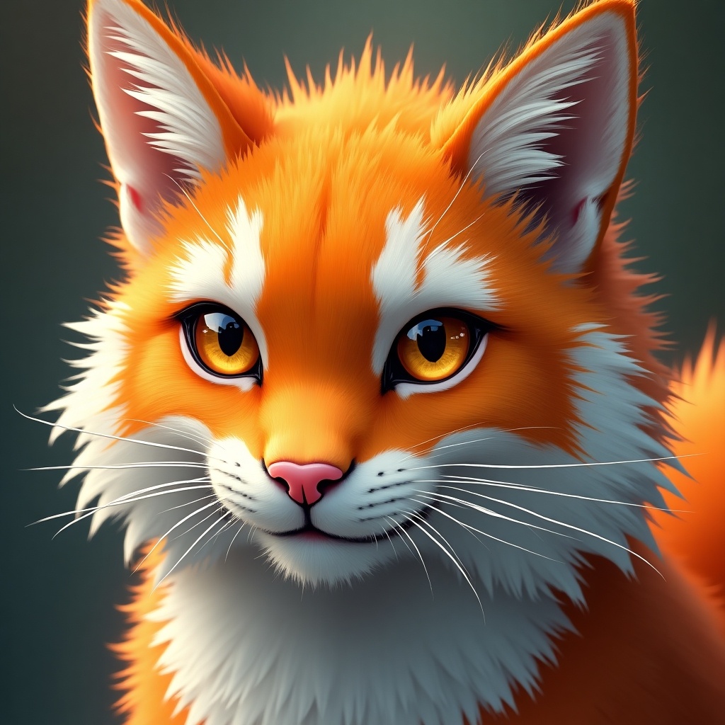 A fantastical rendering of a vibrant orange and white feline with striking eyes.