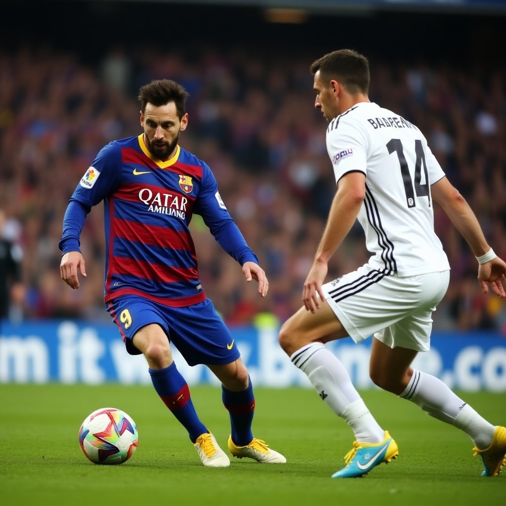 Intense moment captured during La Liga match. Messi in Barcelona kit dribbling past Real Madrid defender in white. Filled stadium with cheering fans. Atmosphere charged with excitement.