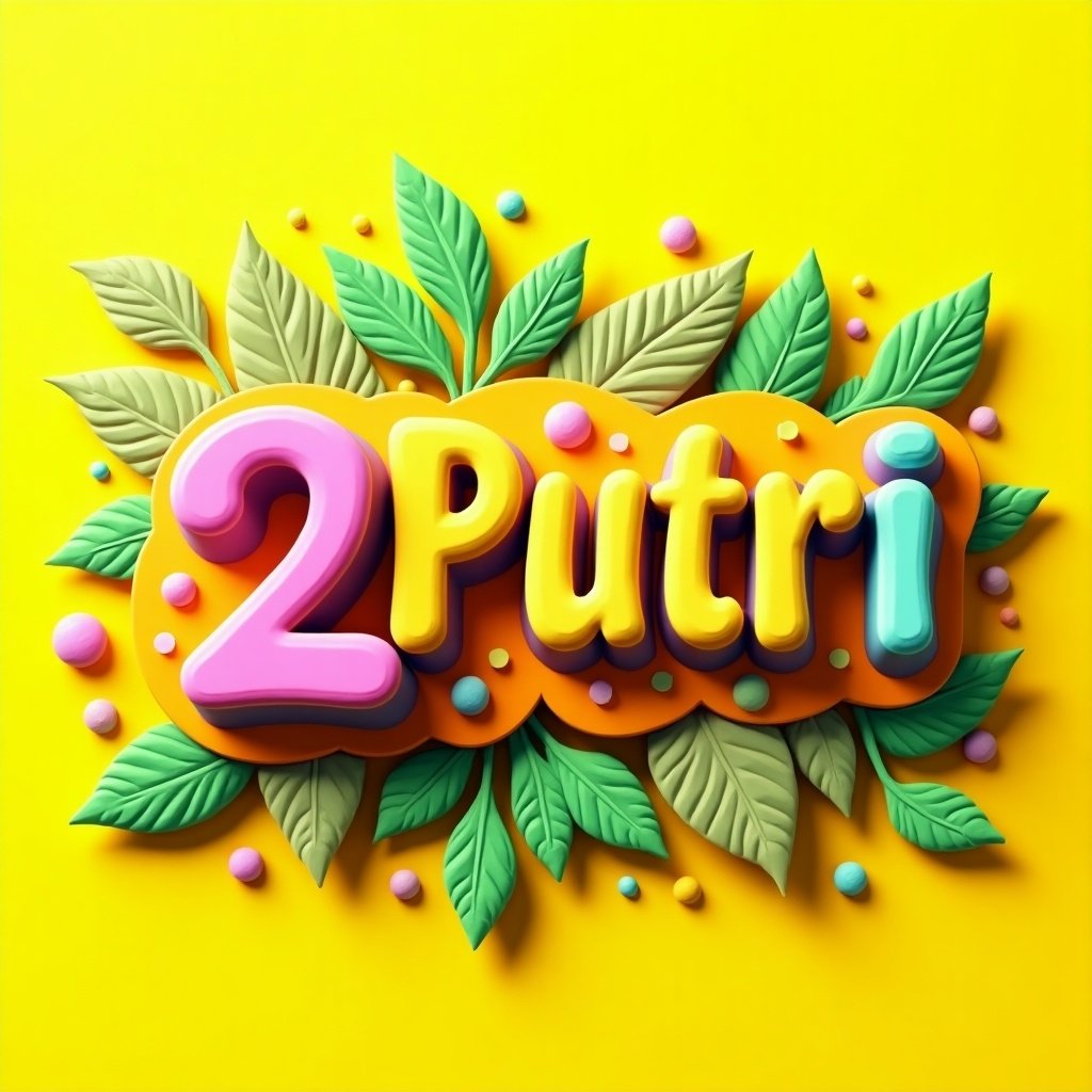 Vibrant 3D text surrounded by colorful foliage. Main text reads '2Putri' at the center. Decorated with leaves and colorful dots. Background is yellow. Modern artistic style suitable for creative projects.