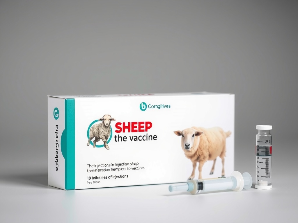 The image shows a product packaging for a vaccine labeled 'SHEEP the vaccine.' The package features illustrations of sheep and includes a syringe and a vial placed in front of it. The design is clean and modern, primarily using white and teal colors, indicating a medical or pharmaceutical theme.