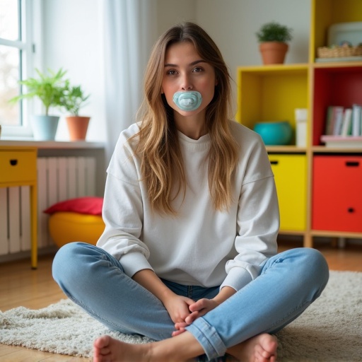 Adult woman sitting cross-legged in a bright room. Colorful furniture surrounds her. She holds a pacifier. The atmosphere is playful and inviting.