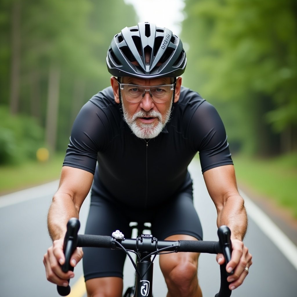 A determined 60-year-old man is biking. The scene captures physical endurance and perseverance. Outdoor biking setting. The rider is wearing cycling attire and a helmet. Road with greenery in the background.