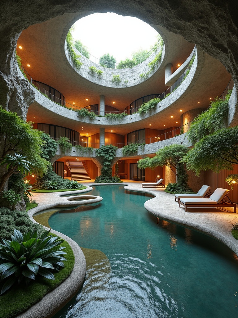 Modern underground house with large circular opening. Six floors of living space. Central pool with lush greenery surrounding it. Natural light illuminating the area.