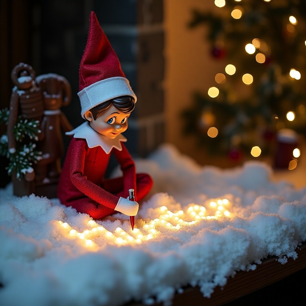 Elf on the shelf is writing in the snow. Name 'Hunter' is written in cursive by lights. Soft snowfall surrounds the scene.