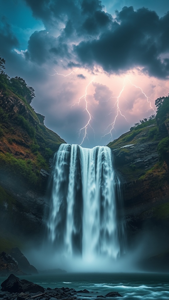 A dramatic scene of a waterfall under a stormy sky with lightning striking above.