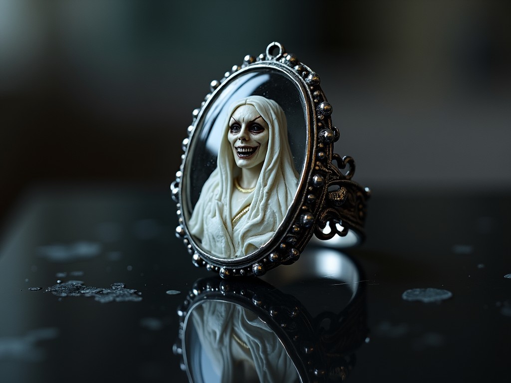 This image features an ornate ring with a gothic cameo design, depicting a figure with skeletal features and a draped hood. The ring is positioned on a reflective surface, enhancing the eerie ambiance. Dim lighting and shadowy tones dominate the image, contributing to the mysterious and dark atmosphere.