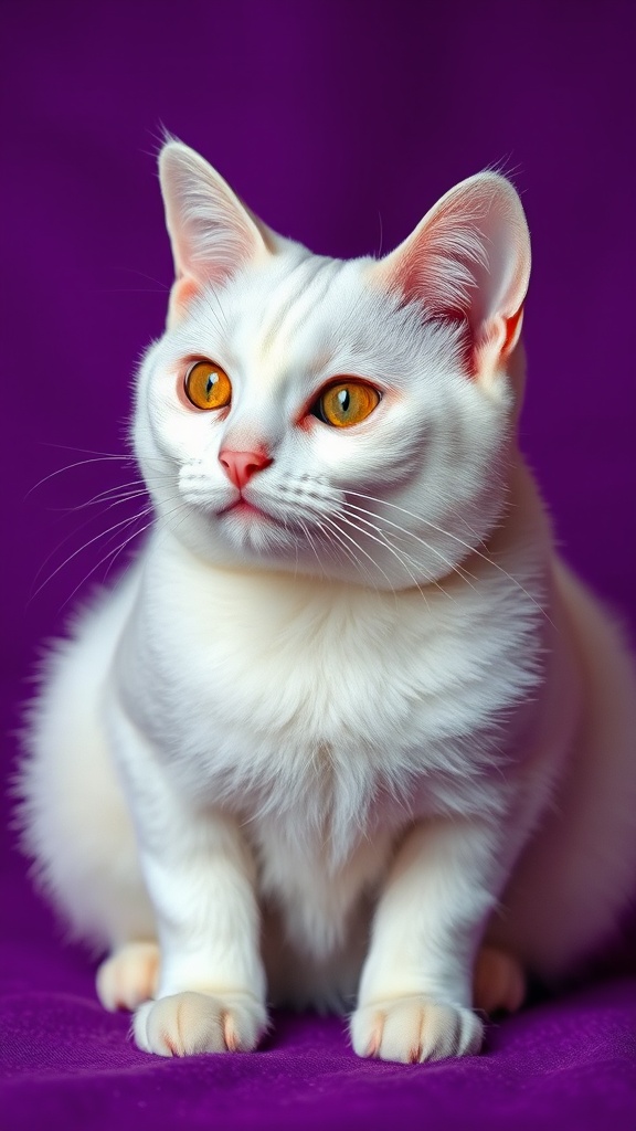 A white cat with striking golden eyes posed against a purple background.