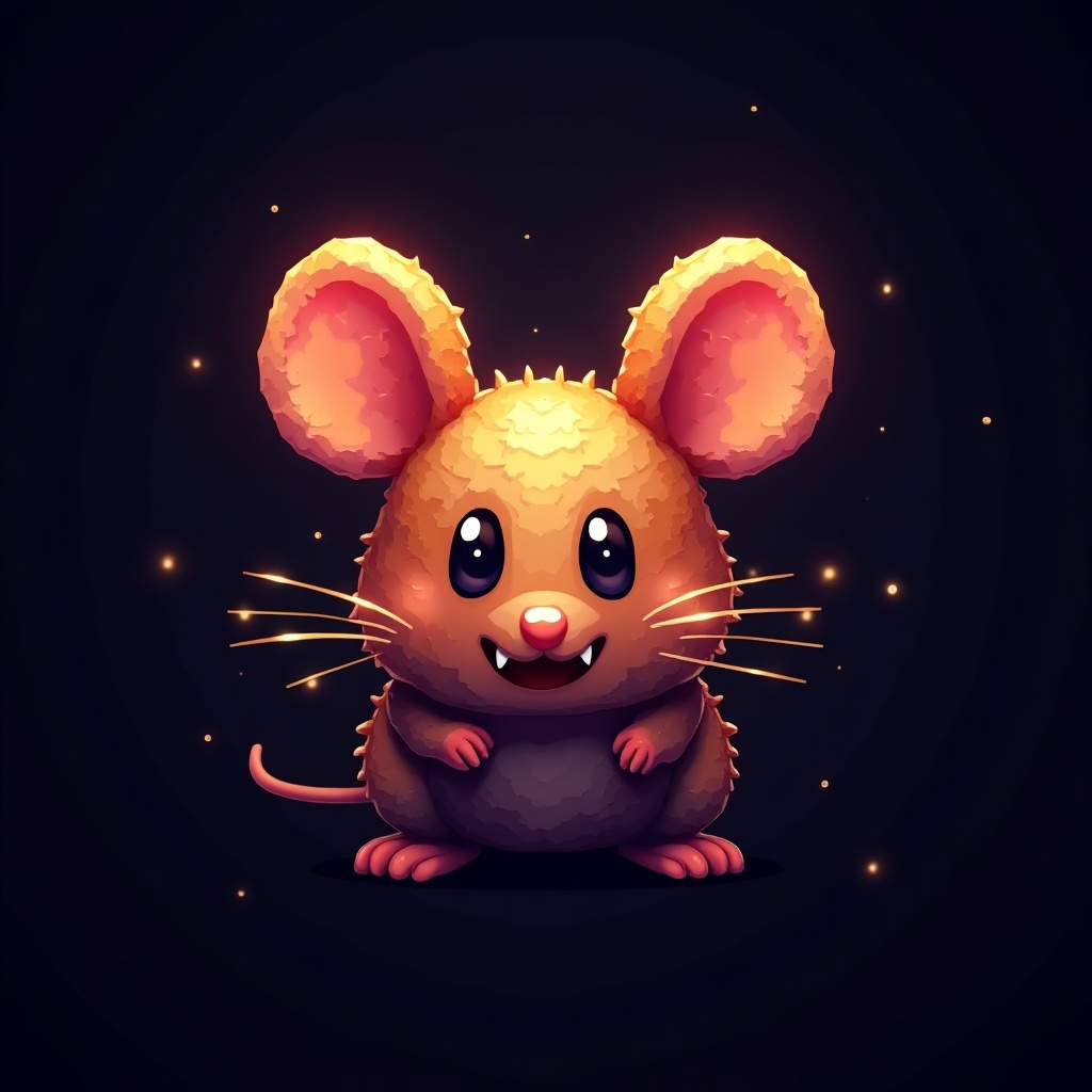 The image showcases a shiny, cartoon-style pixelized mouse designed as a logo for a cryptocurrency token. It features a round body, large ears, and a cute face with prominent whiskers and sharp teeth. The warm colors and glowing effects give it an appealing look, making it suitable for branding. The character stands in a playful pose, inviting engagement. The background is dark, emphasizing the mouse's vibrant colors and shiny texture.