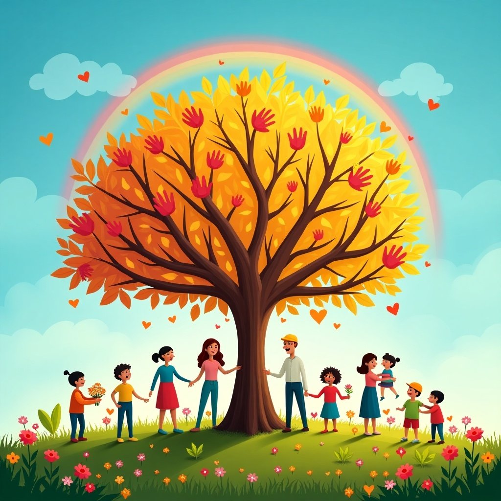 Colorful magical tree in a sunny park. Tree symbolizes kindness with vibrant leaves in red, yellow, green. Surrounding tree, children and adults perform kind actions like sharing food and hugging. Bright blue sky with rainbow. Lush green ground with blooming flowers.