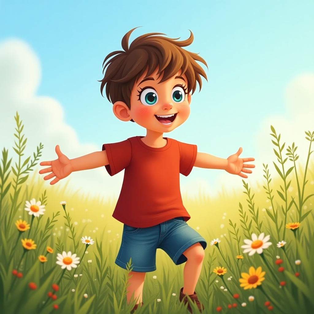 A child playing outdoors surrounded by flowers. The child is smiling and has arms outstretched as if expressing joy. The scene is bright and cheerful, evoking innocence and carefree childhood moments.