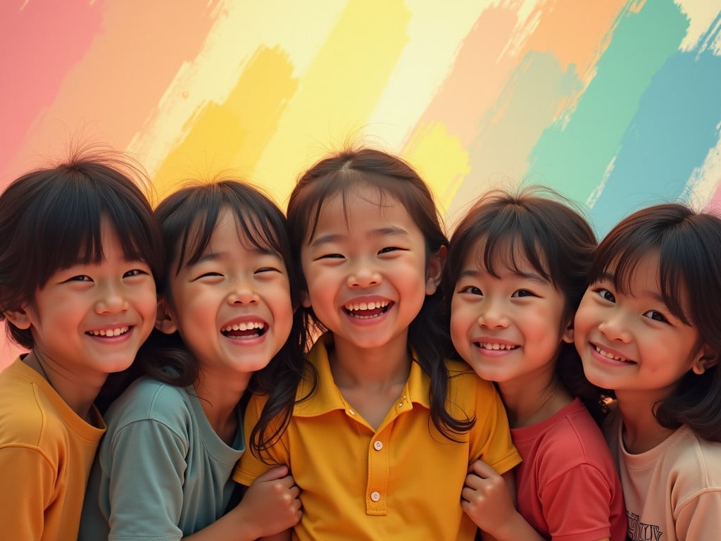 Portraits of five joyful Asian children together in a vibrant atmosphere. They are laughing against a dreamy background of soft brush strokes in pastel colors. The scene has a cinematic concept inspired by popular artists. The color grading is warm with a golden hour glow, and there is a shallow depth of field with soft bokeh.