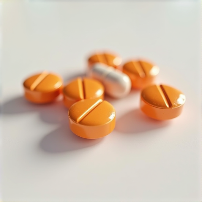 The image shows several round orange tablets with one white capsule on a smooth surface.