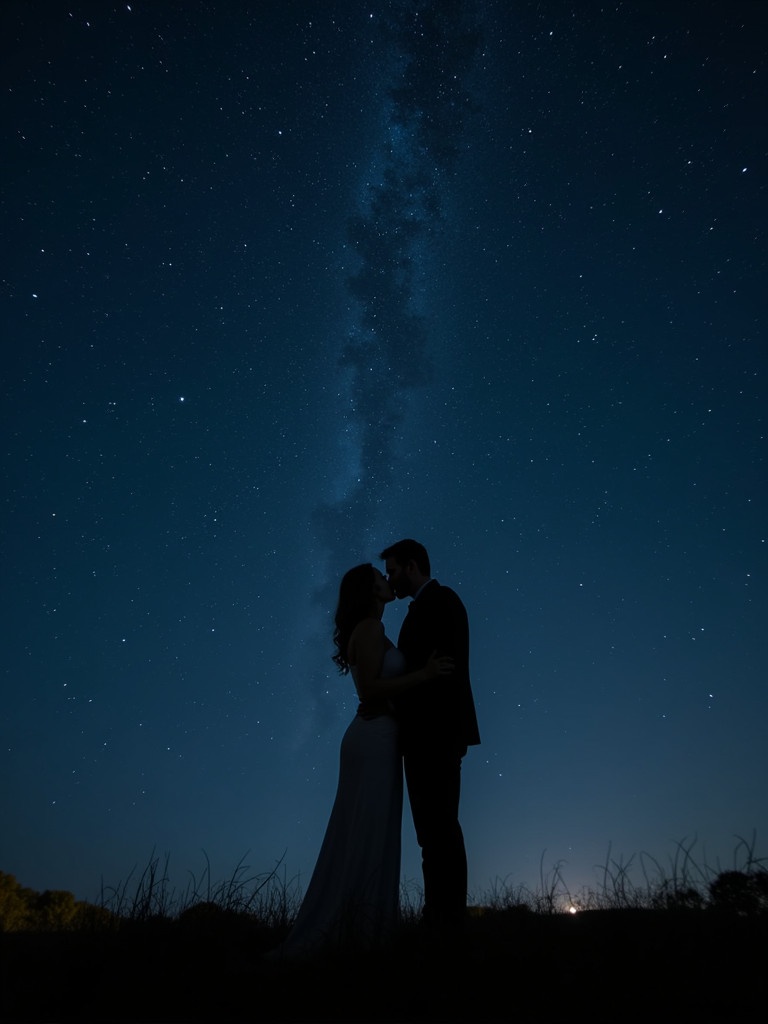 Couple kissing at night under a sky filled with stars. Darkness surrounds them with a hint of the milky way visible. Soft silhouette of the couple creates a romantic atmosphere.