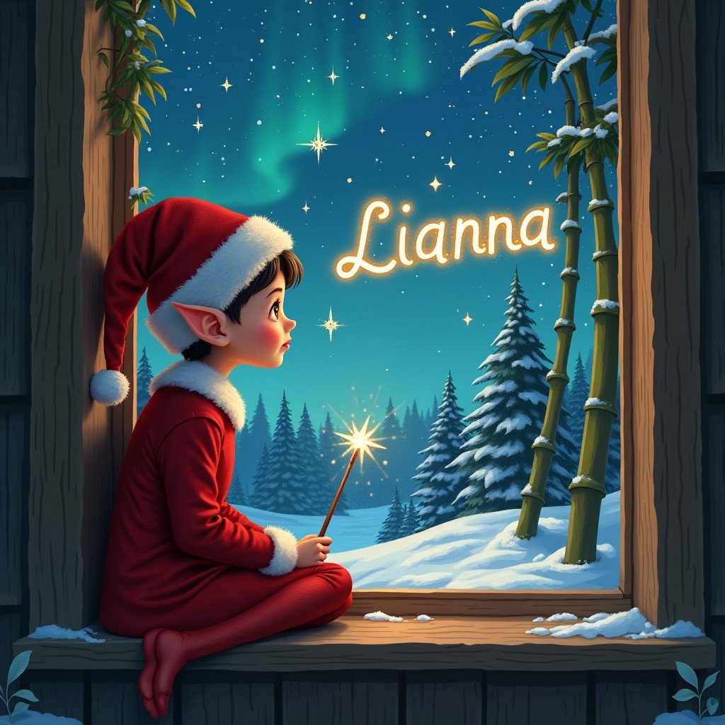 Depiction of a girl elf sitting on a windowsill. She gazes at a magical Christmas sky. Wearing a red outfit and hat. In her hand, she holds a magic wand. She writes 'Lianna' in the sky. Bamboo background features shimmering northern lights and evergreen trees. Captures holiday magic and wonder.