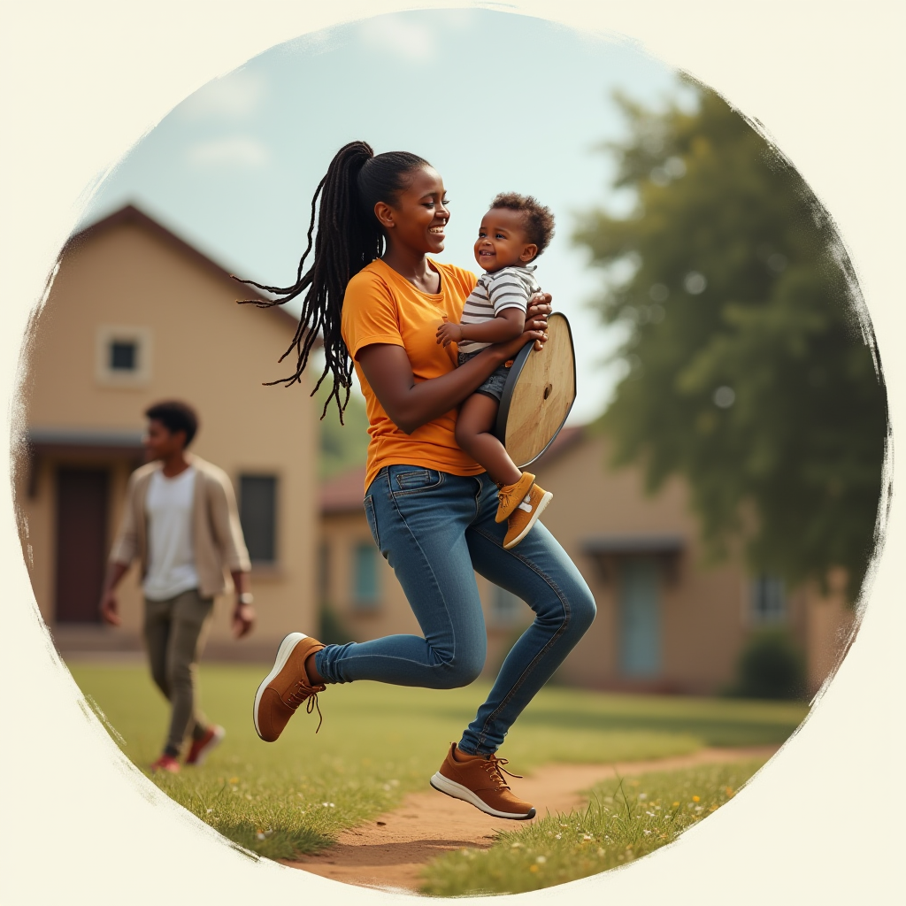 A joyful mother and her child playing in a sunny backyard.