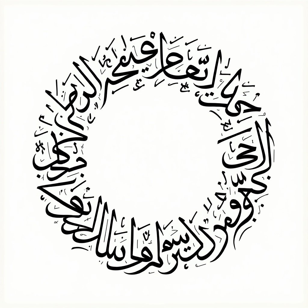 Handwritten Arabic calligraphy forms a circular pattern featuring names. This circular design emphasizes elegant integration of the calligraphy elements.