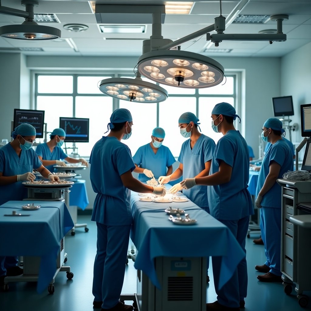 A hospital operation room with a surgical team performing a procedure under general anaesthetic. Surgeons wear scrubs and masks. Medical tools and equipment are present.