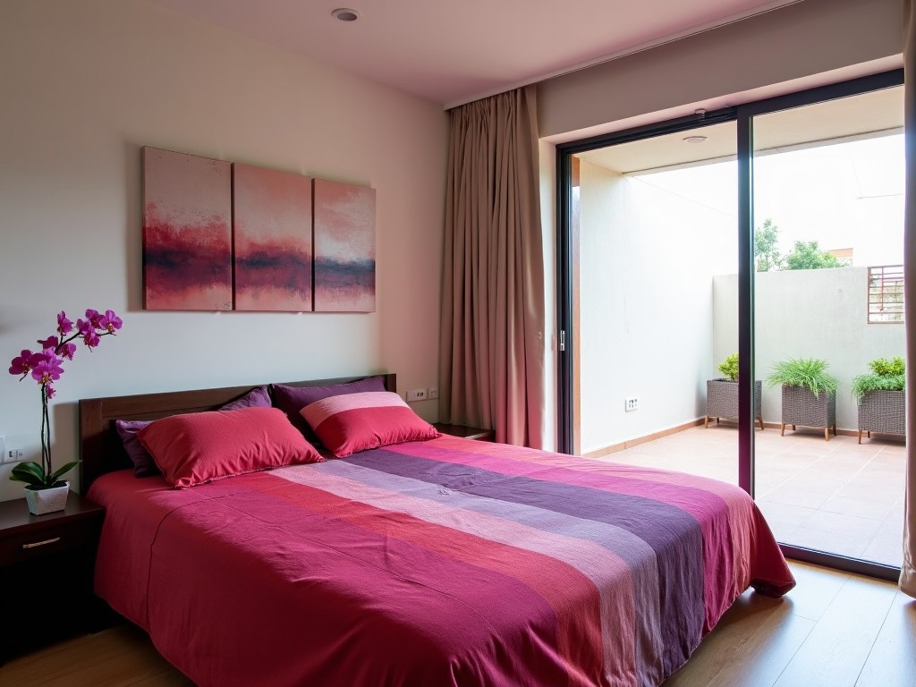 The room features a bed with a vibrant, multicolored striped bedspread in shades of red, pink, and purple. There's a modern, split canvas artwork above the bed, adding an artistic touch to the room. The bed is complemented by a large glass sliding door that leads to a spacious outdoor patio. Soft natural light floods in, highlighting the minimalist design of the interior. A single pink orchid on the side table adds a touch of nature to the space.