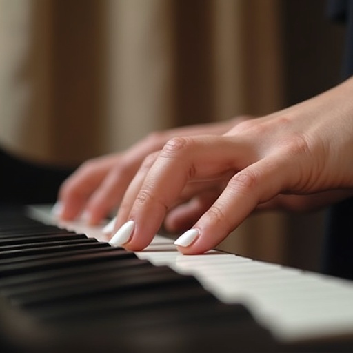 Image shows hands of a young woman playing piano keys. White nail polish on fingertips. Soft focus on piano keys. Classy and artistic composition. Background is blurred to emphasize hands and piano.