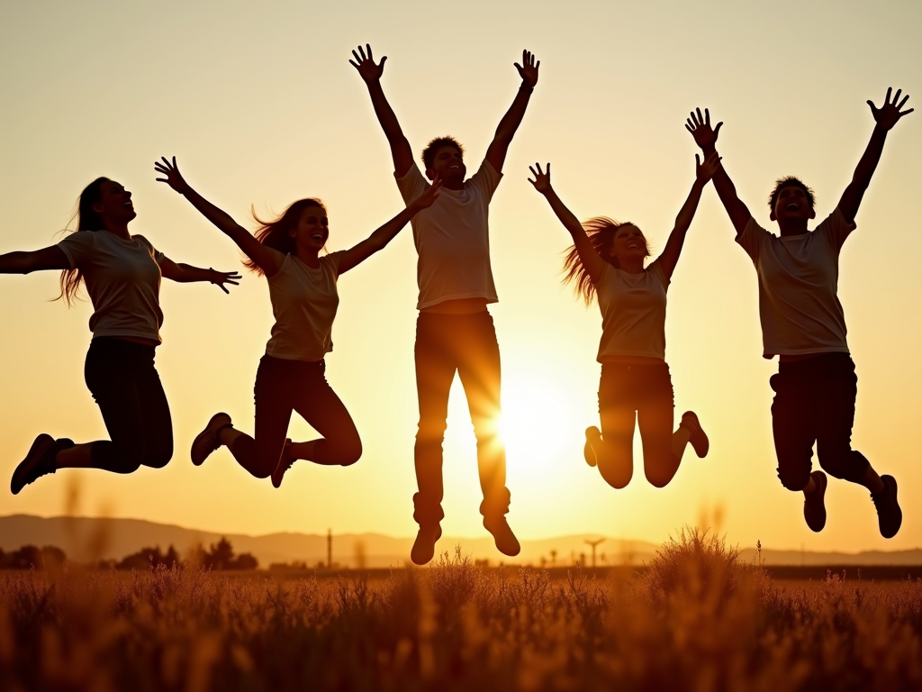 Silhouetted against a warm sunrise, a group of five people jump joyfully in a field with arms outstretched, exuding energy and freedom.