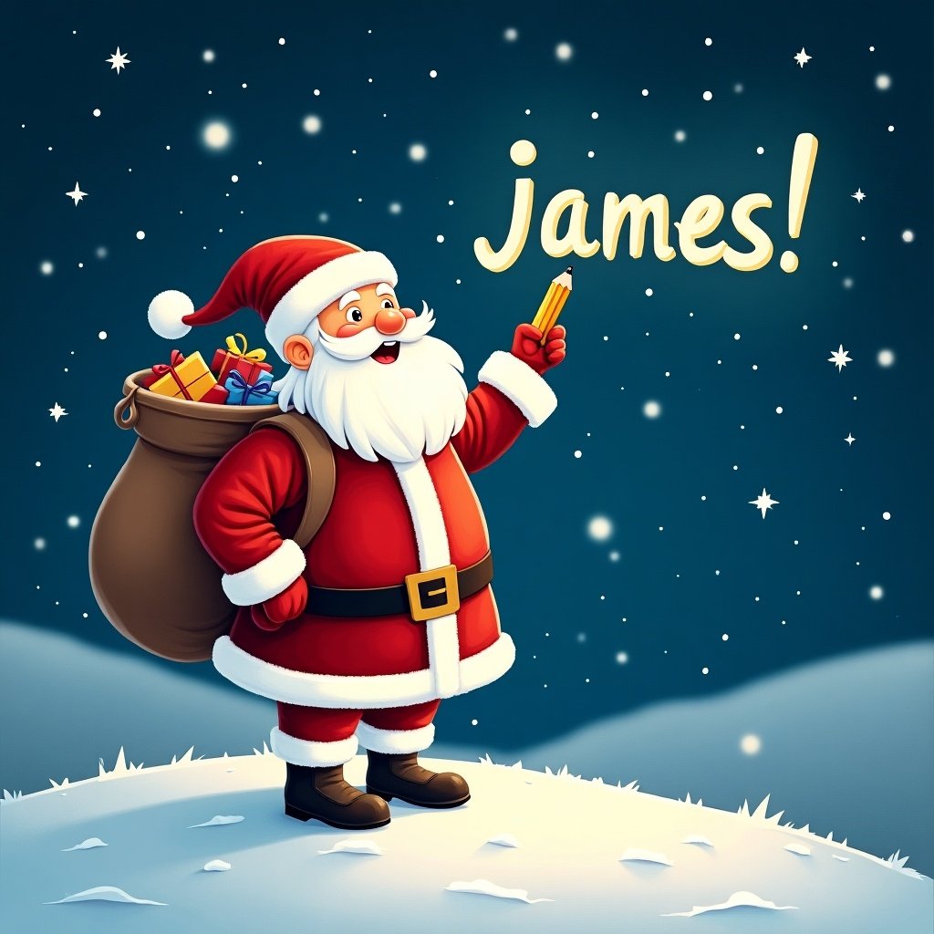 Santa Claus stands on a snowy hill under a starry night sky. He holds a pencil and looks up as he writes names of children in the sky. Santa wears a traditional red and white suit with a large sack of gifts. The night is bright with twinkling stars and the phrase 'james!' is displayed in a whimsical font.