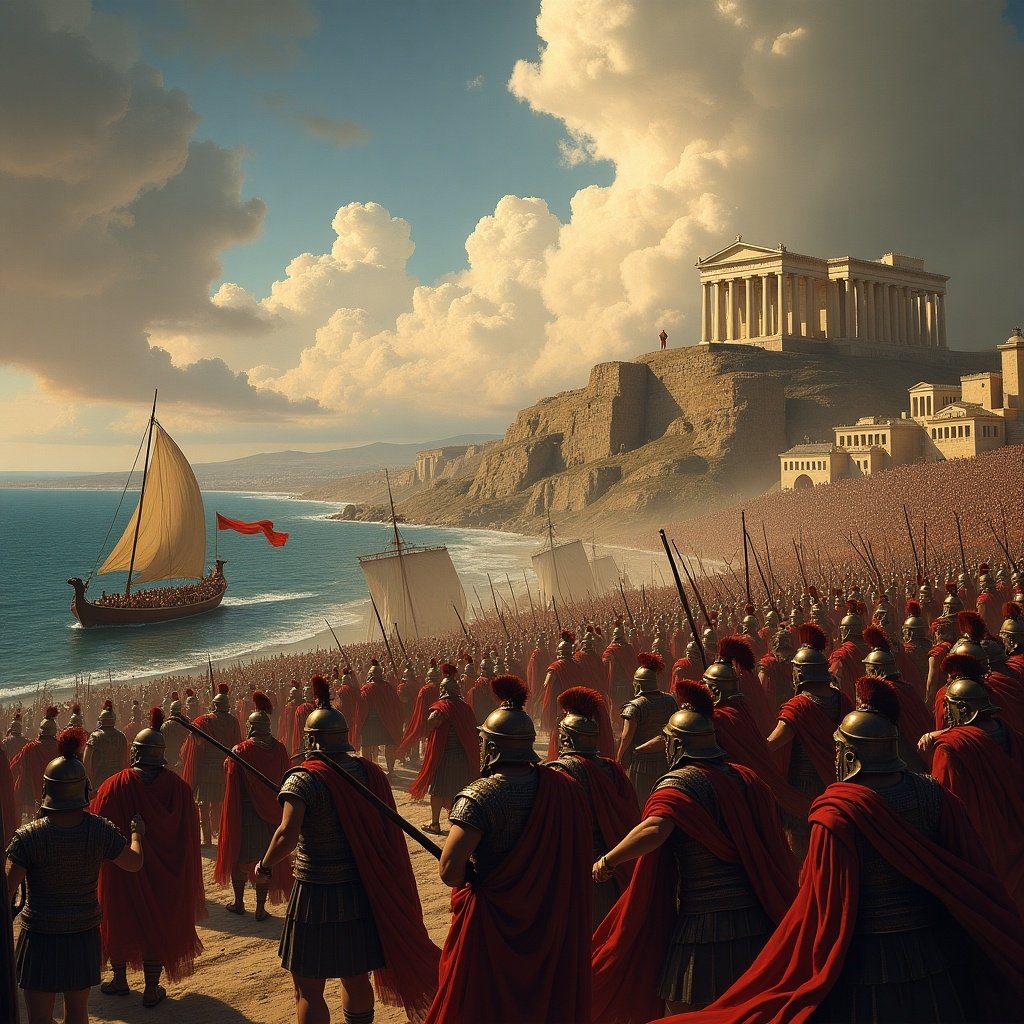 Scene depicting the Peloponnesian War. Warriors in red cloaks stand on a beach. An ancient ship approaches the shore. The landscape features dramatic cliffs and Greek architecture.