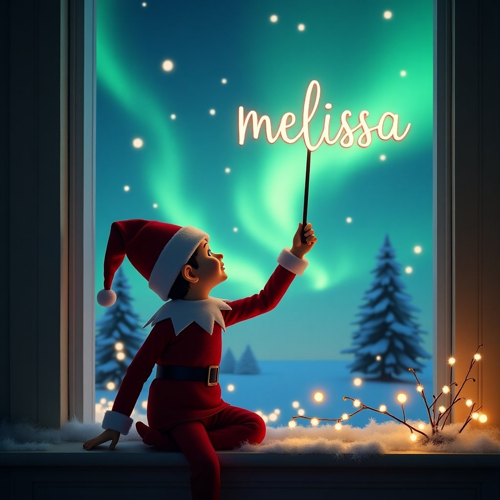 Illustration of a Christmas elf facing the sky. Elf uses a wand to write 'melissa' in the stars. Magical background features northern lights and a Christmas ambiance. Santa themed elements visible.