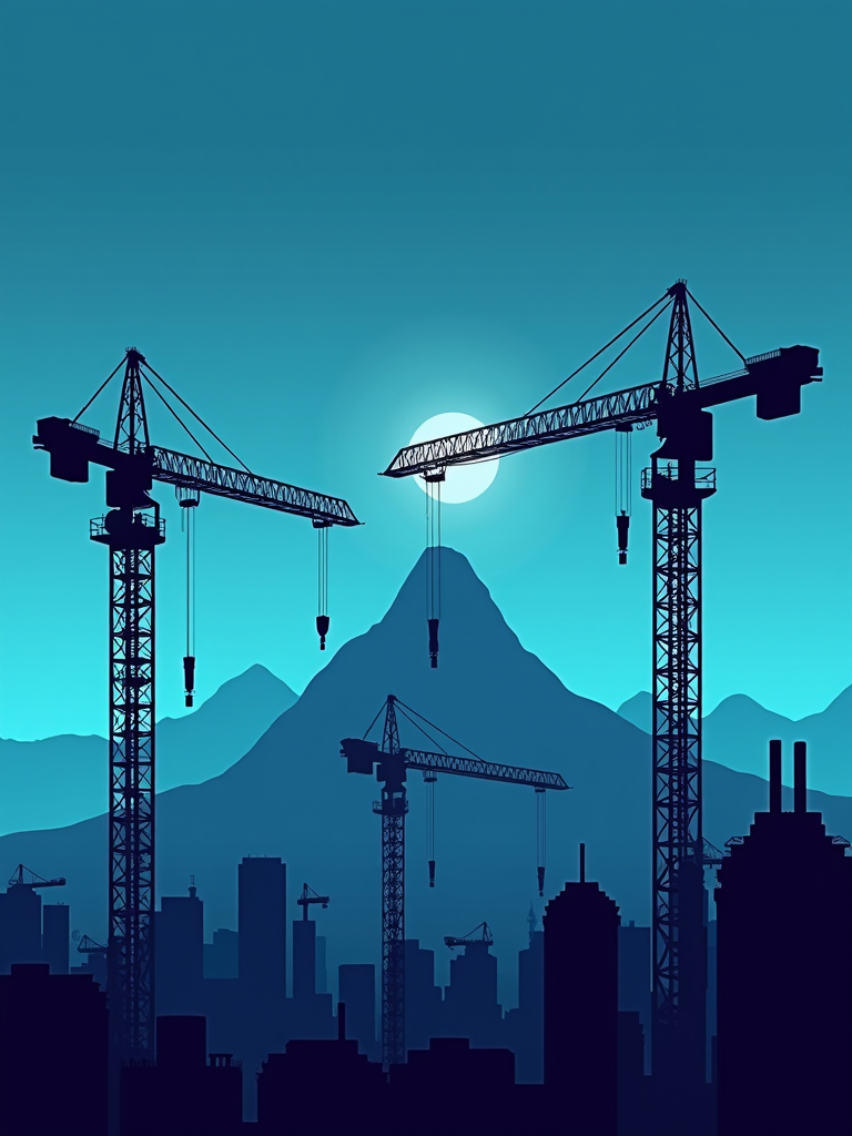 Silhouetted cranes and skyscrapers stand against a backdrop of mountains and a rising sun.