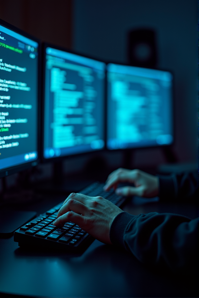 A person works on a keyboard in a dark room, with code displayed on three glowing monitors.