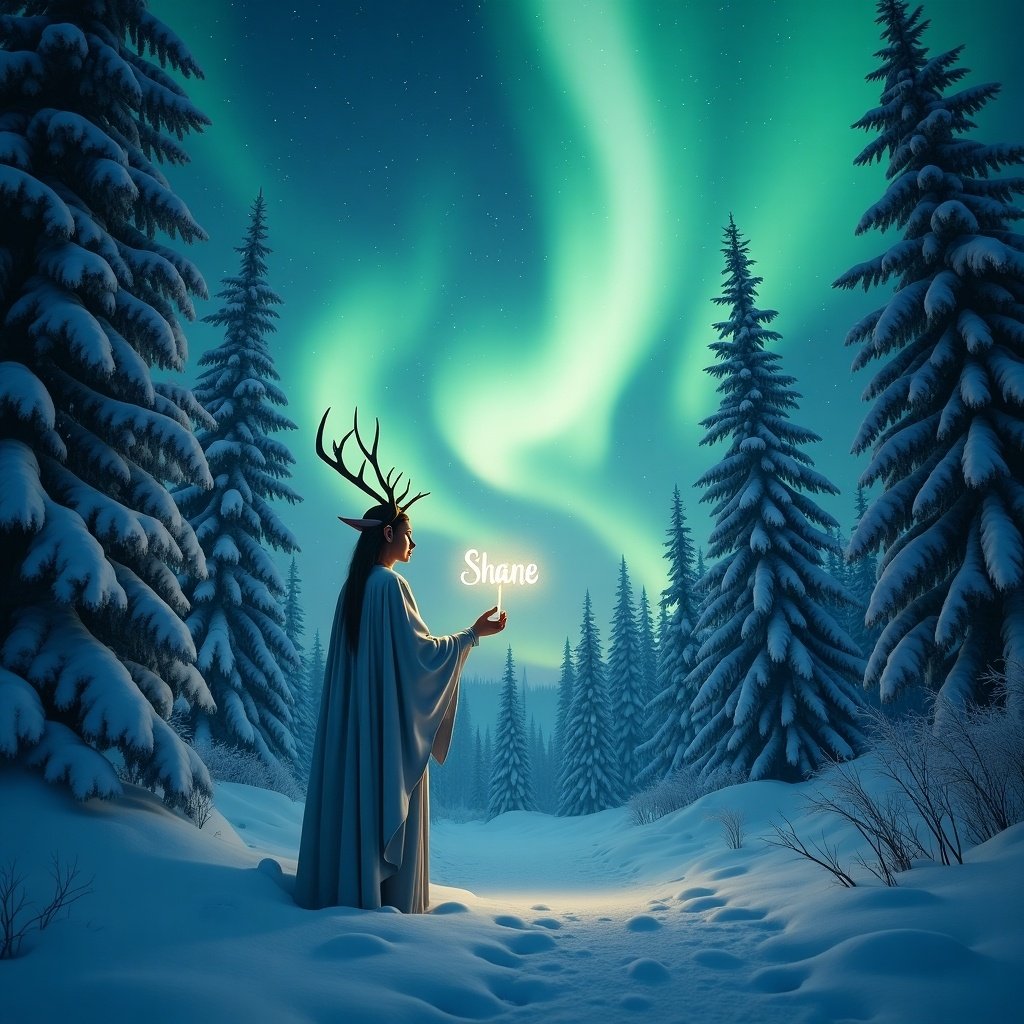 An elf stands in a snow-covered forest under the northern lights. The sky features vibrant green and blue lights. The elf adorned with antlers gazes upward in awe. Surrounding snow-laden trees enhance the winter wonderland. Using a magic wand, the elf writes the name 'Shane' in the air, creating a magical atmosphere.