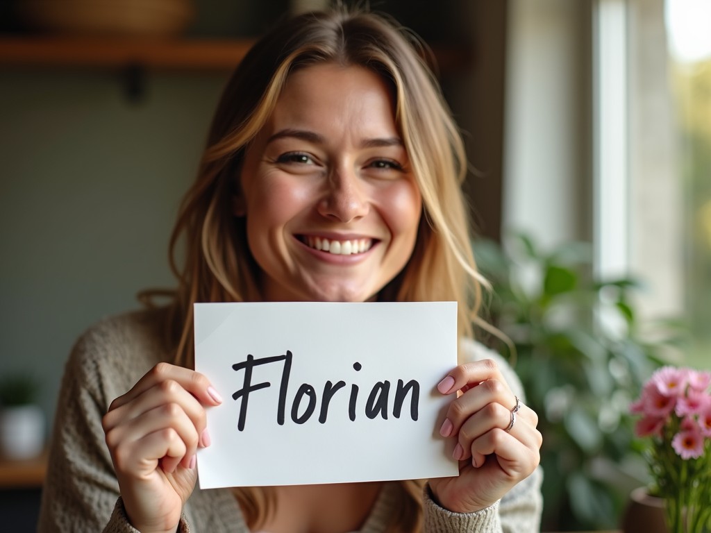 A smiling woman holds a card with the name 'Florian' written on it, exuding a sense of warmth and friendliness. She is indoors, with a soft, natural light filtering through a nearby window, creating a serene ambiance. The background includes blurred greenery and a touch of pink from a potted plant, adding to the cozy, inviting atmosphere.