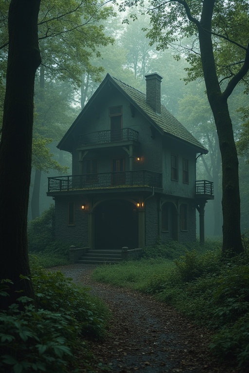 An isolated house in a foggy forest. The house has gothic architecture. The surrounding trees are tall and dense. The atmosphere is eerie and mysterious.