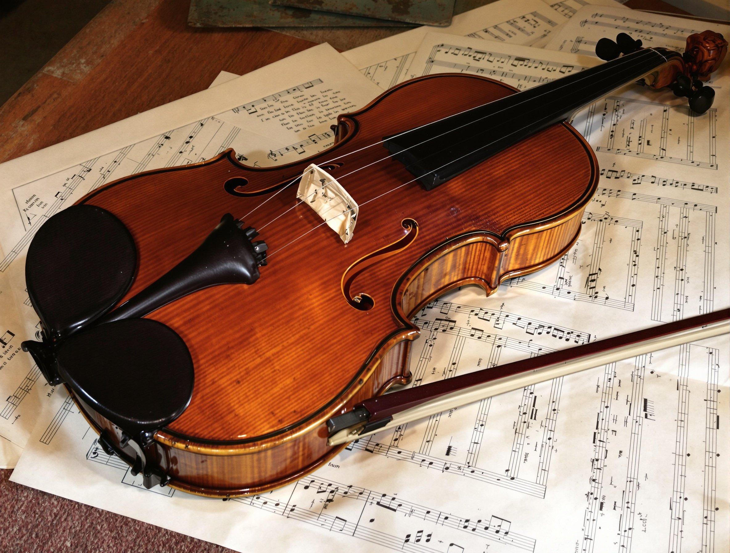 Old violin rests on sheet music. The violin has a polished wood finish. Music sheets are scattered beneath. The setting has a warm and inviting atmosphere. Lighting enhances the colors of the violin and sheets.