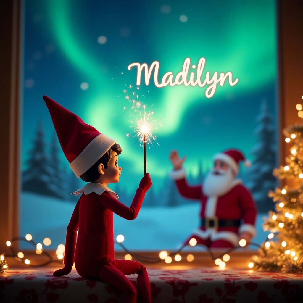 This delightful image features an Elf on the Shelf, dressed in festive attire, sitting with her back to the viewer. She holds a magic wand and writes the name 'Madilyn' in the air, creating a whimsical scene. In the backdrop, the enchanting northern lights illuminate the sky, adding a magical touch. Santa Claus waves joyfully, reinforcing the holiday cheer. The setting is beautifully decorated with a Christmas tree and twinkling fairy lights, evoking a warm festive atmosphere.