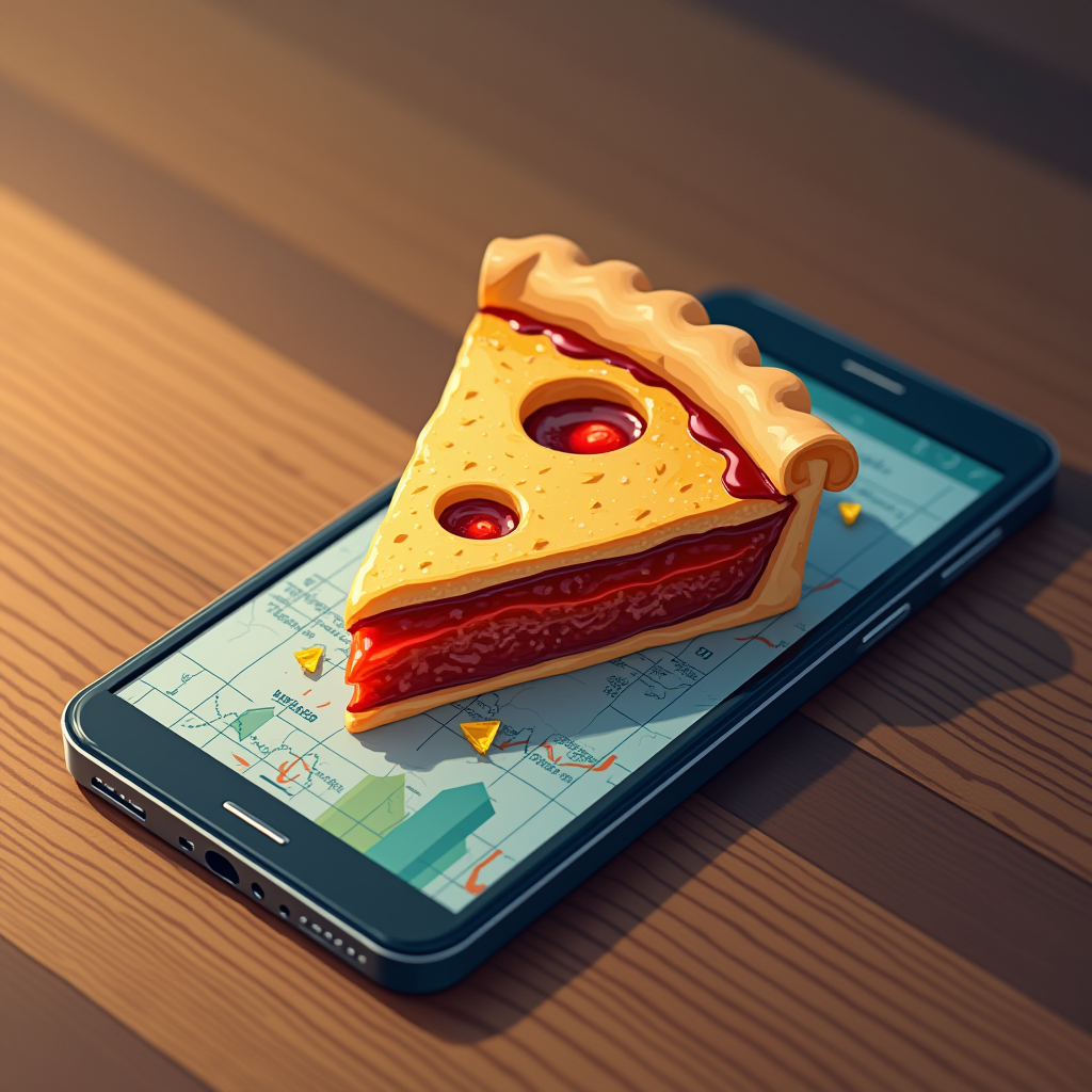 A slice of pie resting on a smartphone displaying a map, blending culinary art with technology.