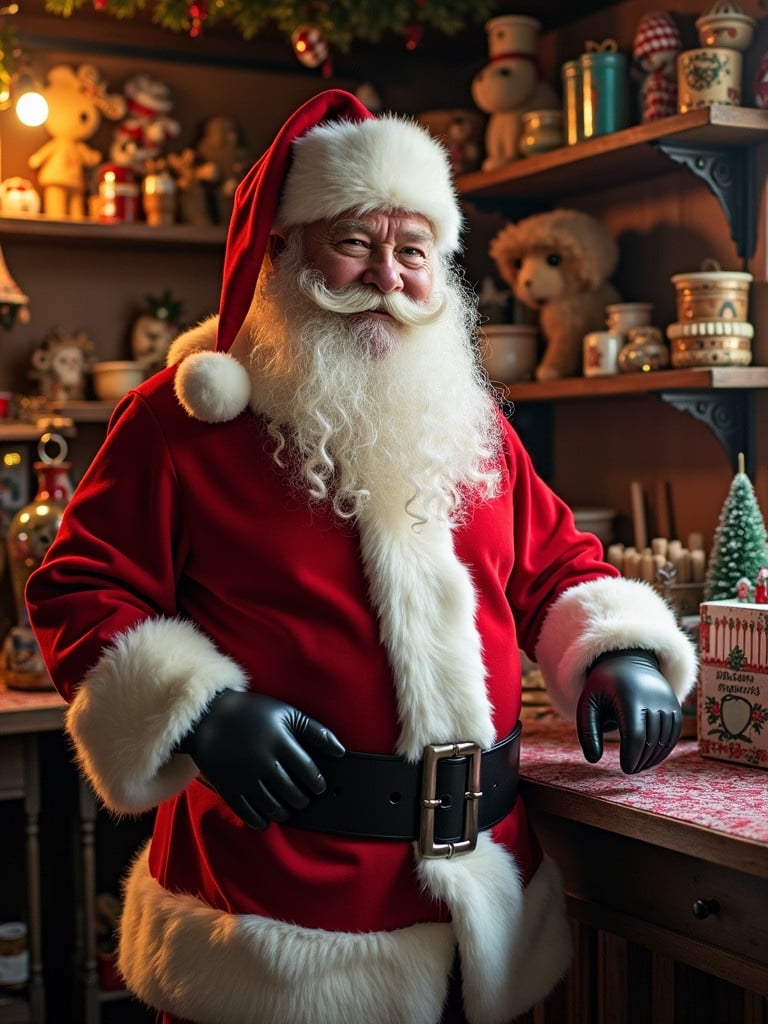 Santa Claus stands in a holiday-themed butcher shop. The background features various decorations and supplies. The atmosphere is warm and inviting, filled with holiday spirit.