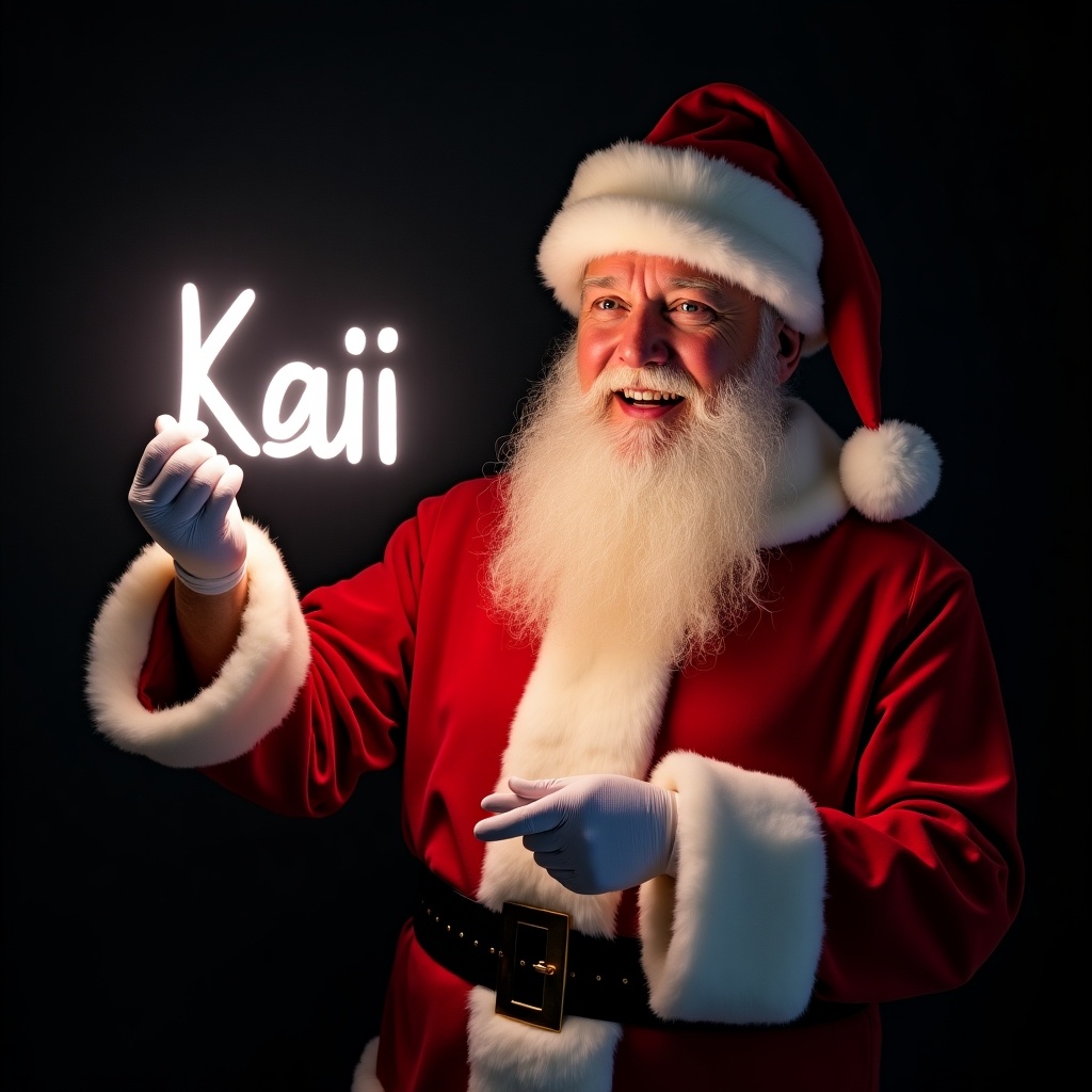 This image features Santa Claus wearing his traditional red and white suit. He is holding a glow stick that forms the name 'Kaii’ in bright light. Santa's expression is jolly, exuding warmth and holiday cheer. The background is dark, enhancing the glow of the text. This festive scene captures the magic of Christmas and the joy of the season.