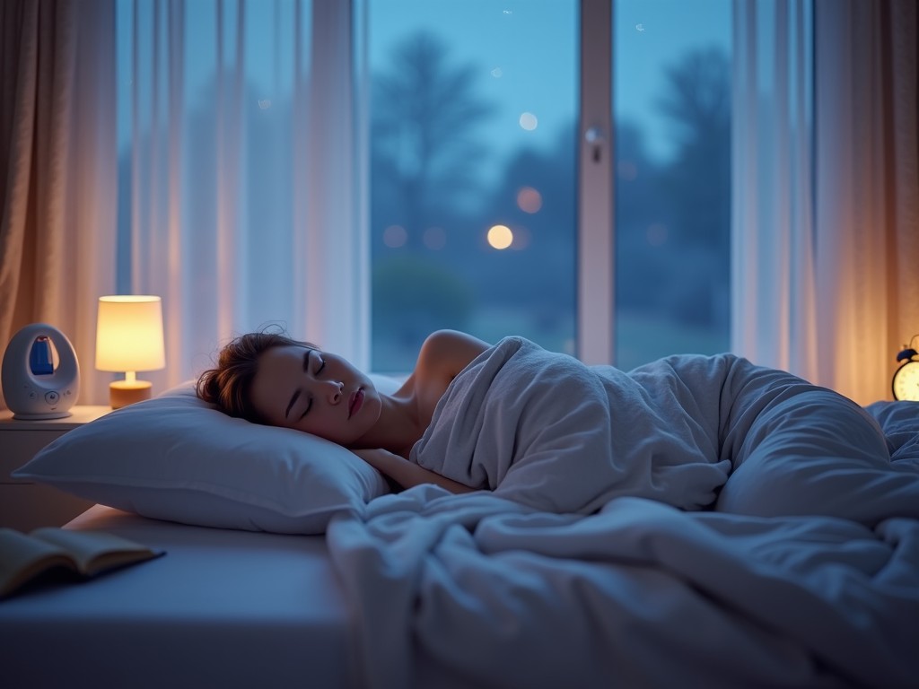 This image captures a serene moment of a woman peacefully sleeping. She is wrapped in a soft blanket, resting on a plush pillow. The room is softly illuminated by warm light from a bedside lamp. A window reveals a dusky, tranquil outdoor scene. The overall atmosphere promotes a sense of calm and comfort, ideal for conveying themes of sleep and relaxation.