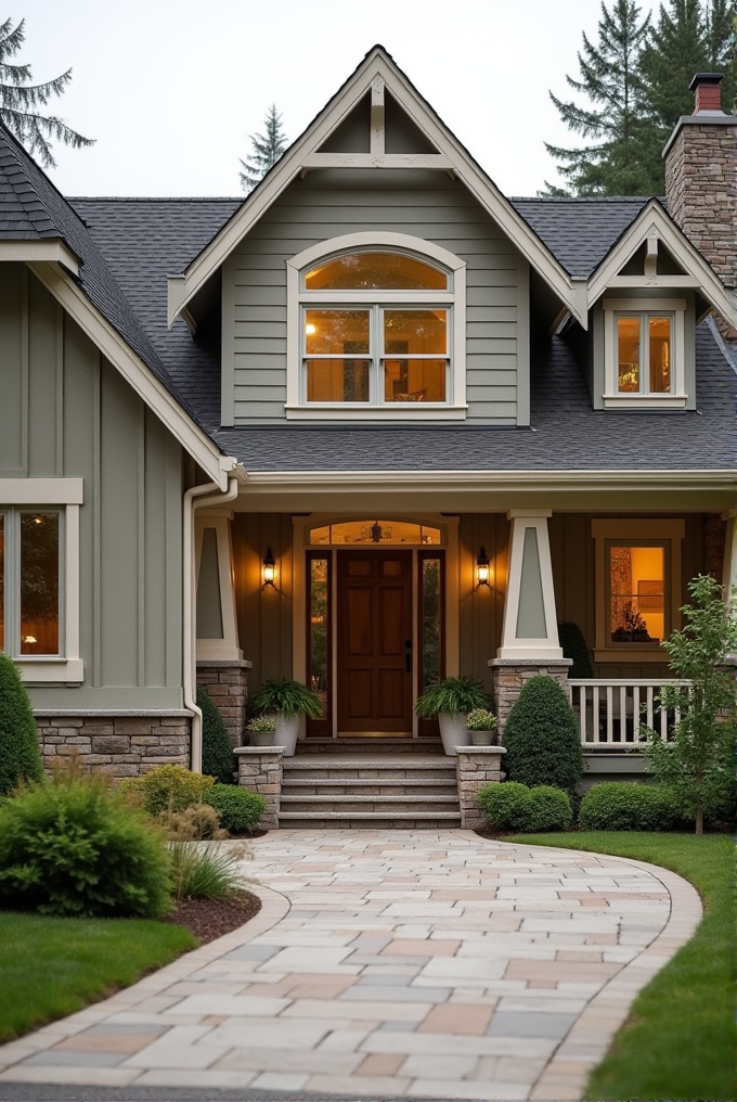 A house with a wooden front door, surrounded by decorative plants and warm lighting.