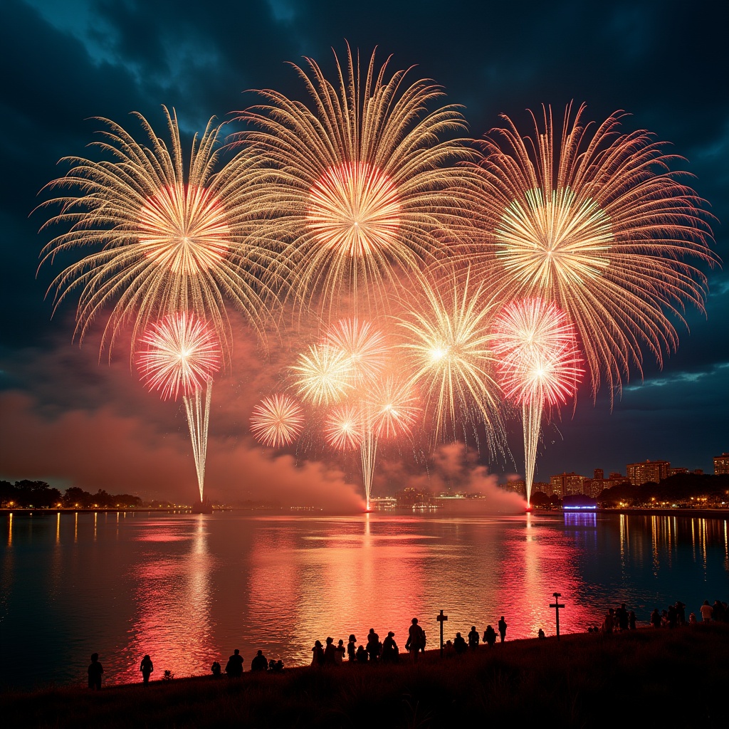 Fireworks display over a lakeside cityscape during New Year's celebration. Night sky illuminated with colorful bursts of golden, red, green, and blue. Calm water reflecting the vibrant lights. Silhouettes of an excited crowd by the shore. Dynamic lighting creating a magical atmosphere and wonder. Wide-angle perspective emphasizing beauty and grandeur of the moment.