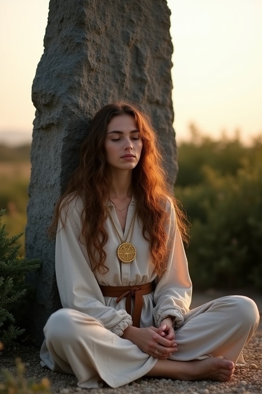 A woman meditates cross-legged against a menhir. She has long, curly brown hair and wears a natural-colored robe. A golden medallion hangs from her neck. The menhir is dark granite and towers above her. The scene is peaceful with evening light illuminating her face.