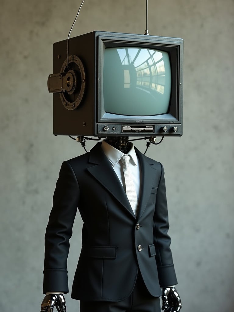 Humanoid robot stands tall at 1.9 meters. Old television screen acts as head. Dressed in sleek black suit with white tie. Body made of metal and wires. Background features a detailed indoor setting.