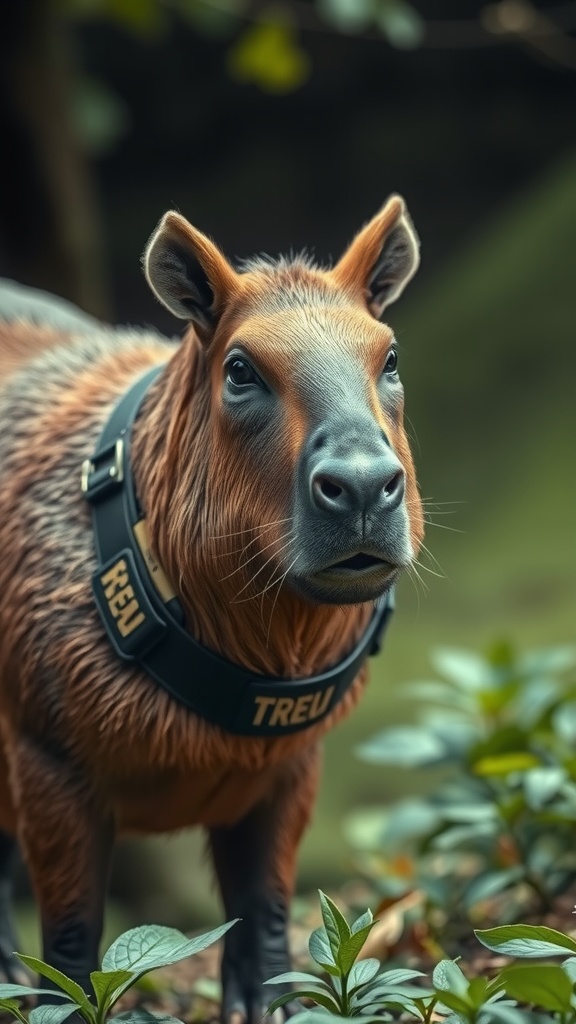 A capybara wearing a collar explores amidst green foliage with a curious expression.