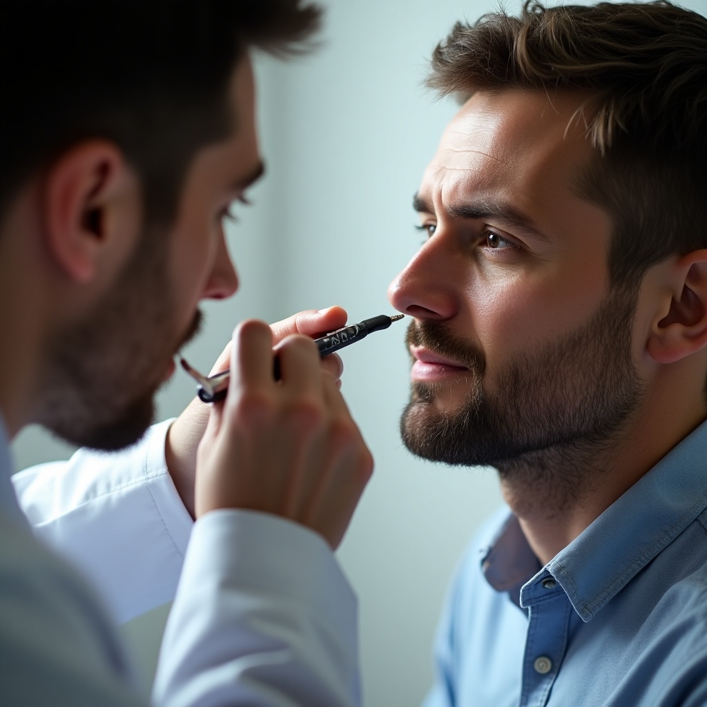 Doctor examines man's nostril with medical instrument. Focus on thorough examination and care. Man shows trust and concern. Soft lighting enhances clinical atmosphere.