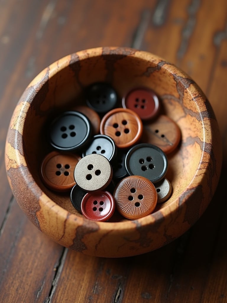 Hyper realistic exotic wood bowl holds various hyper realistic clothes buttons of differing sizes and colors arranged in a visually appealing manner.