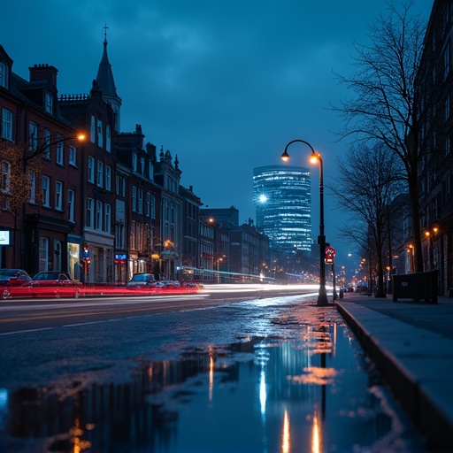 Dublin city skyline during twilight. Modern skyscraper illuminated. Wet street reflecting lights. Historic buildings lining the street. Traces of vehicle lights create motion sense.