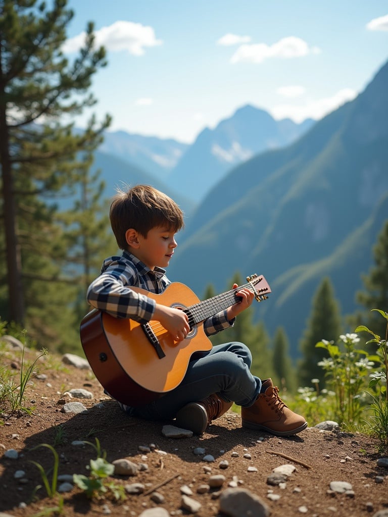 Young boy plays guitar on forest hillside. Scenic mountains in the background. Bright sunny day. Boy enjoys music outside.