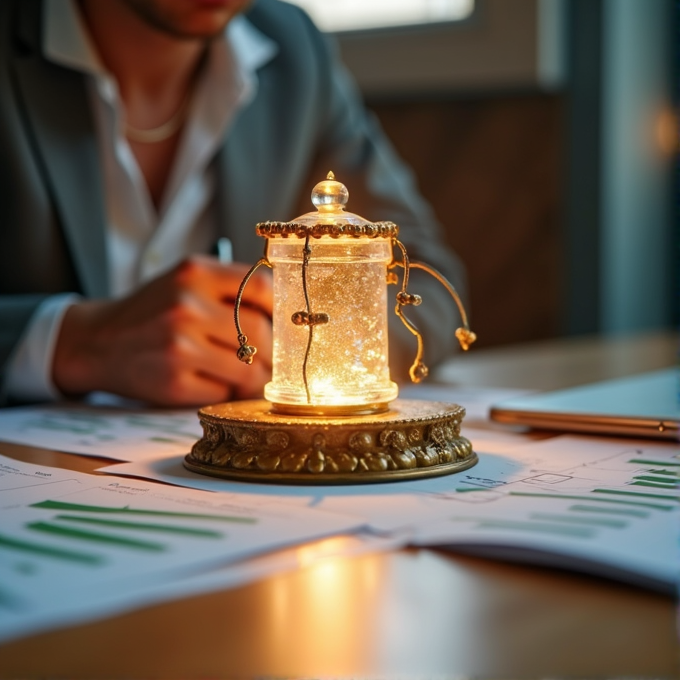 A mystical glowing jar sits on a desk surrounded by scattered charts and papers, providing ambient light to a person engaged in work.