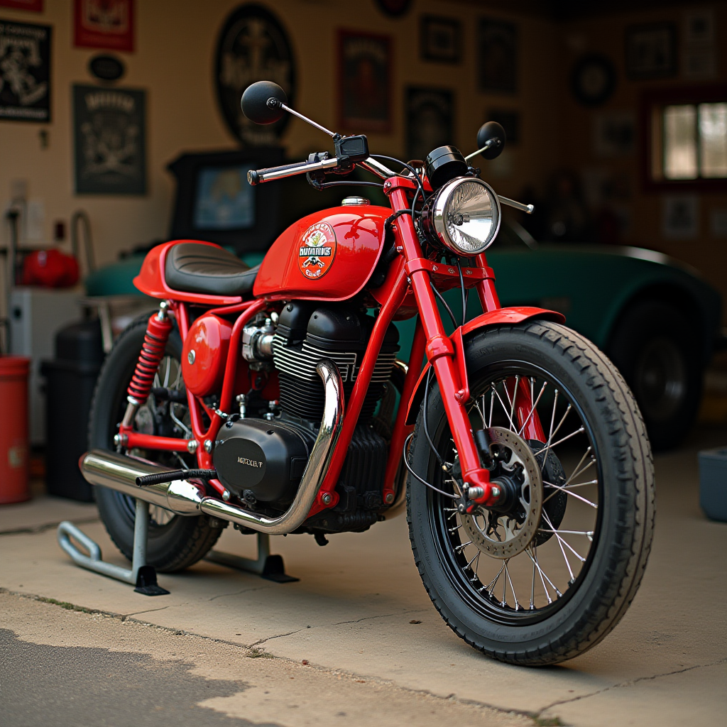 A vintage red motorcycle is parked in a garage filled with retro decor.