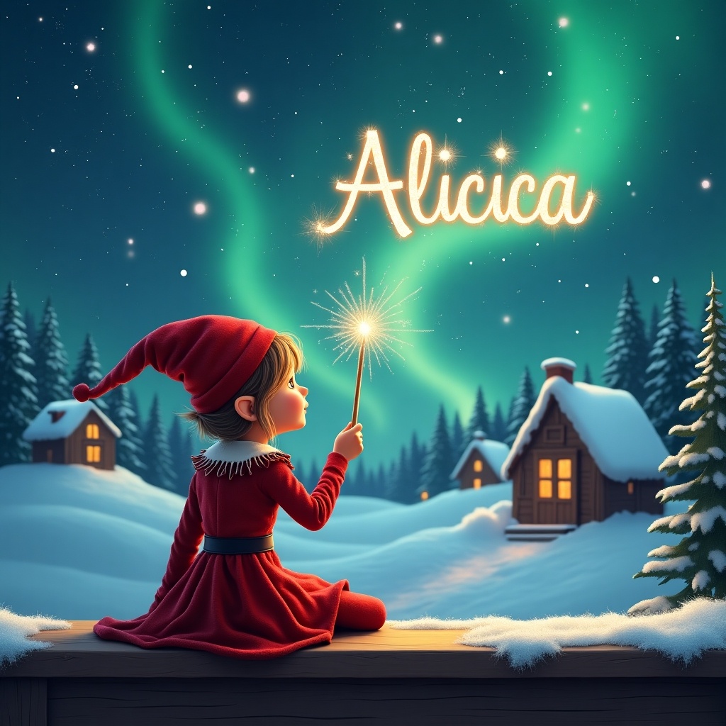 A girl elf in red dress sits on a ledge. The elf has a pointed hat. The elf holds a sparkling wand. The elf writes 'Alicia' in the sky. Background has snowy landscape with houses and trees. Northern Lights are visible. This scene shows childhood magic and Christmas cheer.